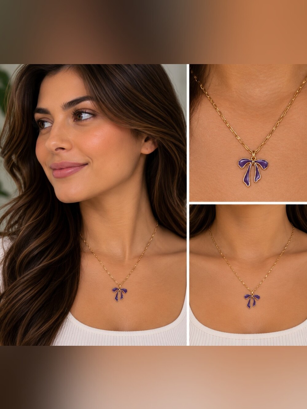Gold Chain Necklace with Purple Bow Pendant - Women Jewelry